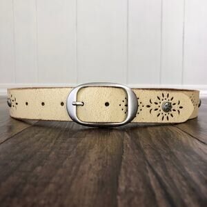 Lucky Brand Floral Leather Belt Laser Cut Studded Boho Western Size Large Cream